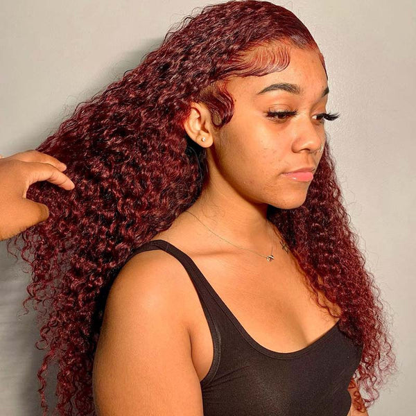 BEEOS Cherry Dark Red Color 13X4 Full Frontal Lace Wig Curly Style BL138