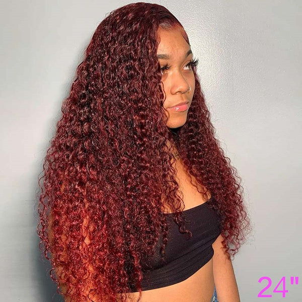 BEEOS Cherry Dark Red Color 13X4 Full Frontal Lace Wig Curly Style BL138