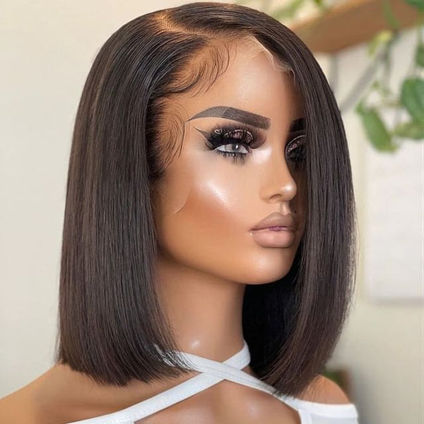 BEEOS 13x4 Full Frontal SKINLIKE Real HD Lace Bob Wig,  0.10mm Ultra-thin HD Lace Pre-plucked Vivid Clean Hairline Bleached Knots Short Straight Natural Black AM09