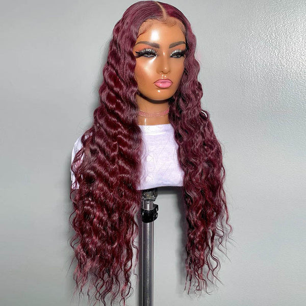 Beeos Deep Wave Burgundy 99J Colored Lace Front Human Hair Wigs BL048