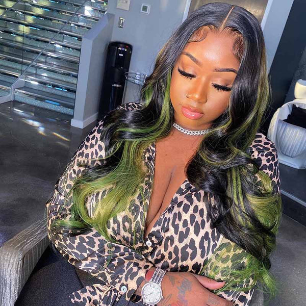 Beeos 5x5 SKINLIKE Real HD Lace Green/Pink Highlight Closure Glueless Wig BC016