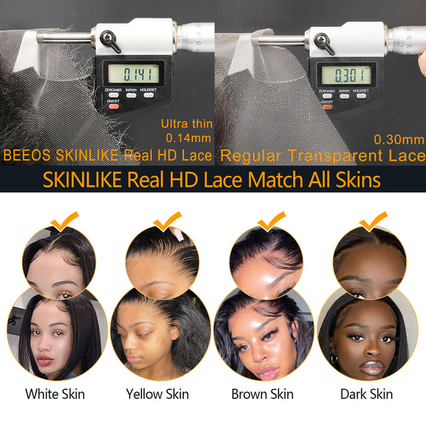 BEEOS 13x4 Full Frontal SKINLIKE Real HD Lace Bob Wig,  0.10mm Ultra-thin HD Lace Pre-plucked Vivid Clean Hairline Bleached Knots Short Straight Natural Black AM09