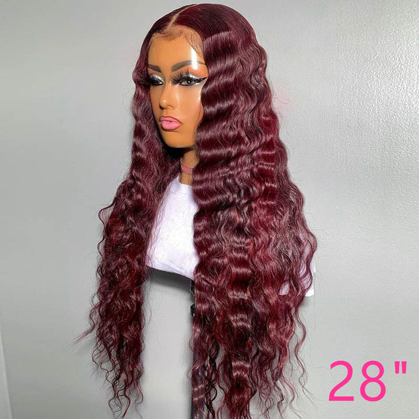 Beeos Deep Wave Burgundy 99J Colored Lace Front Human Hair Wigs BL048