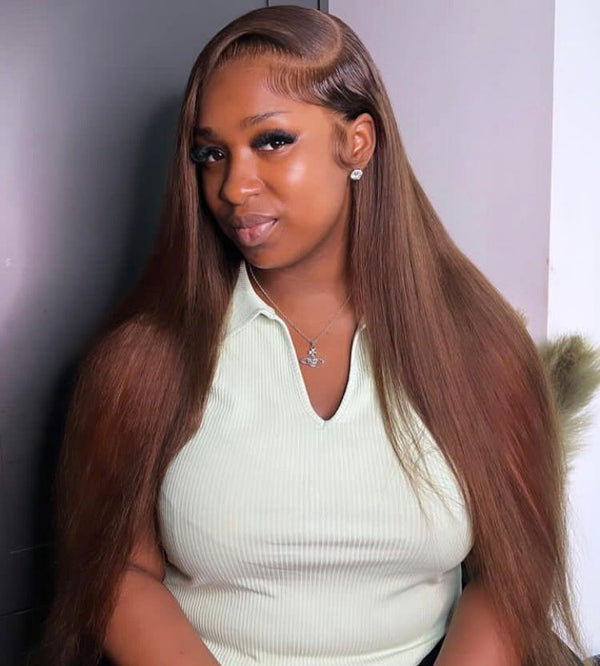 SKINMELT 13x6 HD Lace Full Frontal Wig Brown Color 30# Silky Straight Lace Wig ZH025