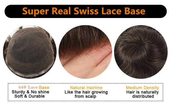 64# Real Swiss Lace Toupee 100% Human Hair Invisible Knots Natural Hairline Men's Hair Pieces TP08