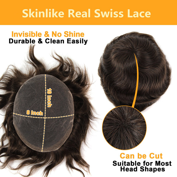 64# Real Swiss Lace Toupee 100% Human Hair Invisible Knots Natural Hairline Men's Hair Pieces TP08