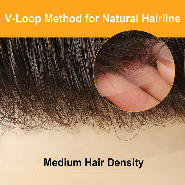 Invisible V-loop Knots Natural Hairline Men's Hair Pieces 3# Color 100% Human Hair Thin Skin Toupee 0.03mm Thickness TP05