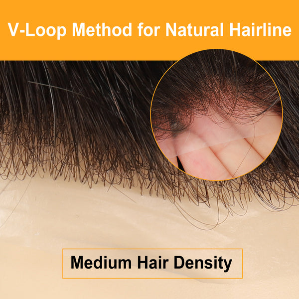 Invisible V-loop Knots Natural Hairline Men's Hair Pieces 2# Color 100% Human Hair Thin Skin Toupee 0.03mm Thickness TP04