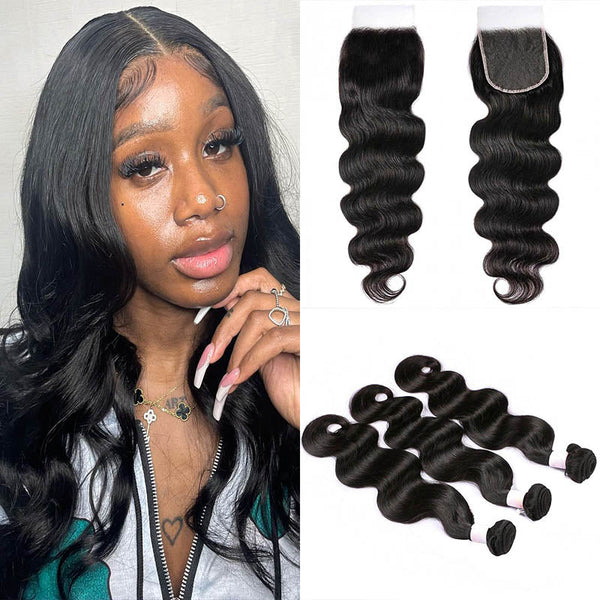 Copy of Beeos 5x5 SKINLIKE Real HD Lace Closure With 3Pcs Bundles Deal Body Wave Glueless BU15