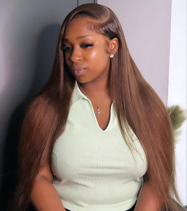 SKINMELT 13x6 HD Lace Full Frontal Wig Brown Color 30# Silky Straight Lace Wig ZH025