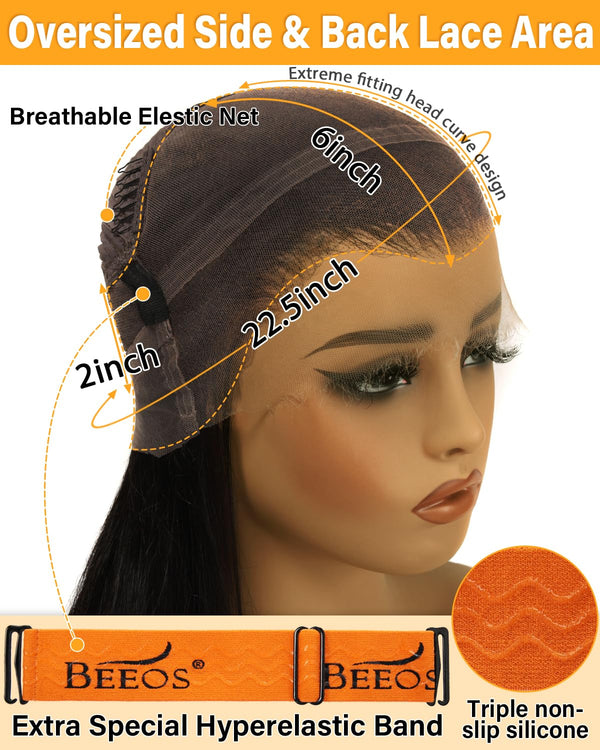 BEEOS 360 SKINLIKE Real HD Lace Wig, 0.1mm Ultra-thin Ultra Fitted HD Lace Wigs 100% Human Hair Wig 250% Density, Pre Plucked and Bleached Knots Natural Color ZH046