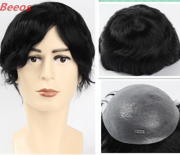 Beeos Invisible V-loop Knots Natural Hairline Men's Hair Pieces 100% Human Hair Thin Skin Toupee 0.03mm Thickness TP02