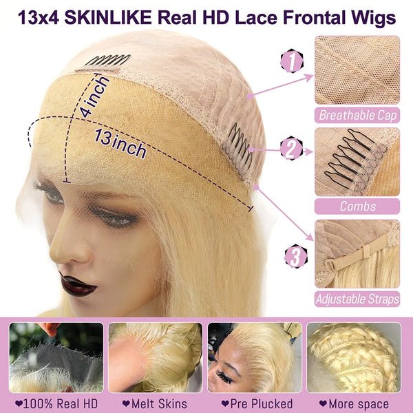 SKINREAL HD LACE 613 Blonde Silky Straight Skinlike 13X4 HD Lace Full Frontal Wig ZH02