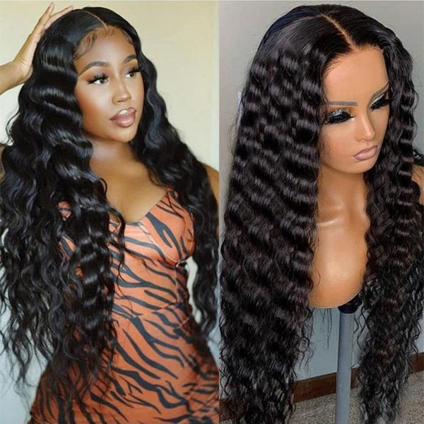 BEEOS Wear and Go Glueless Wigs Elastic Band 5x5 SKINLIKE Real HD Lace Closure Wig, 180% Density Pre Plucked Bleached Knots Deep Wave Virgin Human Hair Ready to Wear Wigs No Glue WG02
