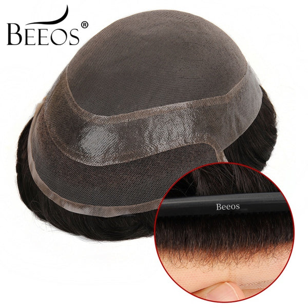 Beeos Mono Lace Toupee 100% Human Hair Invisible Knots Natural Hairline Men's Hair Pieces TP11