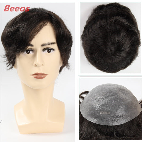 Beeos Invisible V-loop Knots Natural Hairline Men's Hair Pieces 1B10 Color 100% Human Hair Thin Skin Toupee 0.03mm Thickness TP03