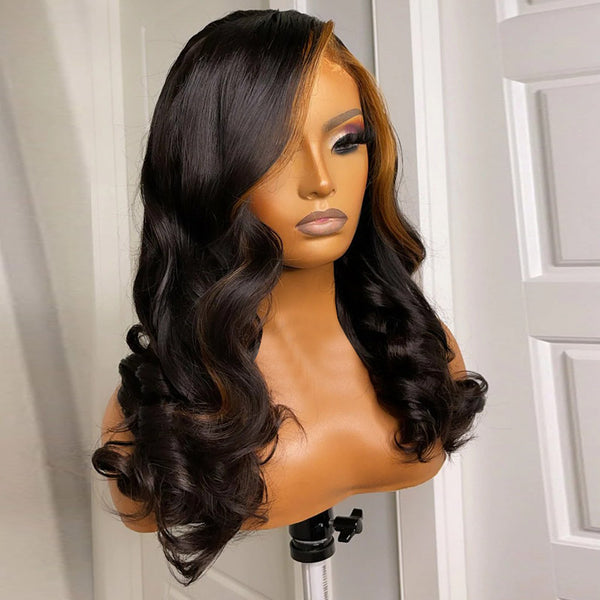 Beeos 13X4 SKINLIKE Real HD Lace Full Frontal Wig Skunk Stripe Highlight Body Wave BL054