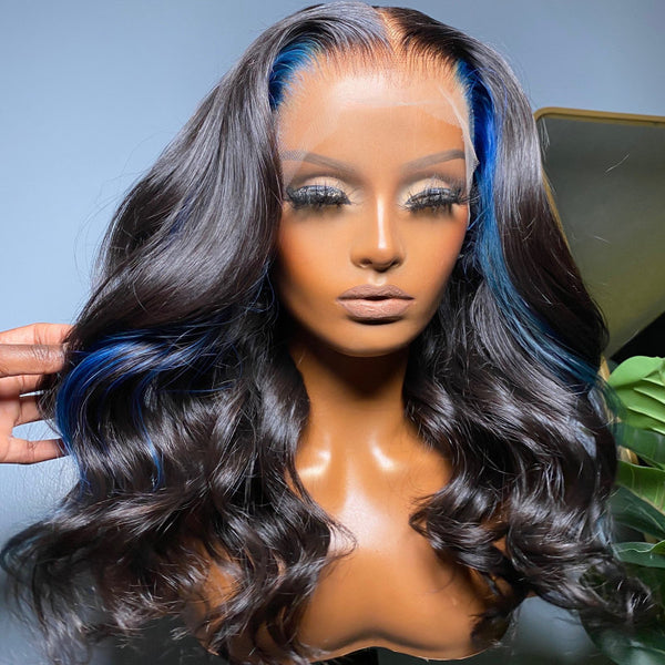 Beeos 13X4 SKINLIKE Real HD Full Frontal Lace Wig Black With Blue Skunk Stripe Body Wave BL161