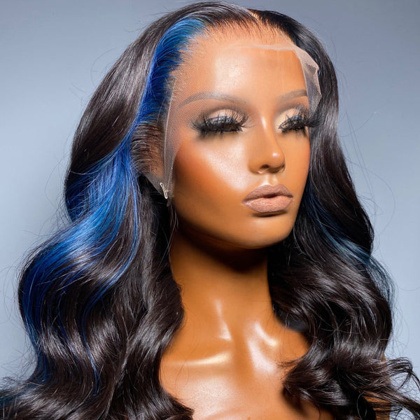 Beeos 13X4 SKINLIKE Real HD Full Frontal Lace Wig Black With Blue Skunk Stripe Body Wave BL161