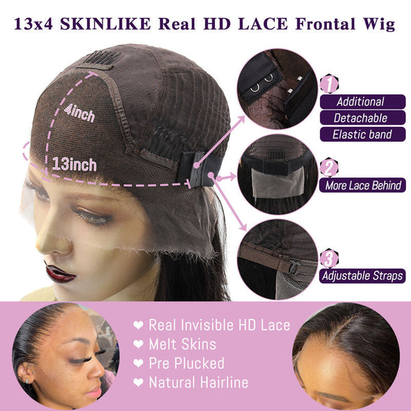 BEEOS 13x4 Full Frontal SKINLIKE Real HD Lace Frontal Wig Nature Color,0.10mm Ultra-thin HD Lace Pre-plucked Clean Hairline Bleached Knots BL129