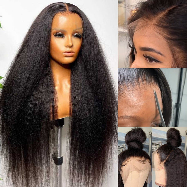 BEEOS Kinky Straight 5x5 SKINLIKE Real HD Lace Closure Wig, Invisible Crystal HD Lace Wigs 180% Density Pre-plucked Hairline Bleached All Knots Virgin Human Hair  AM21