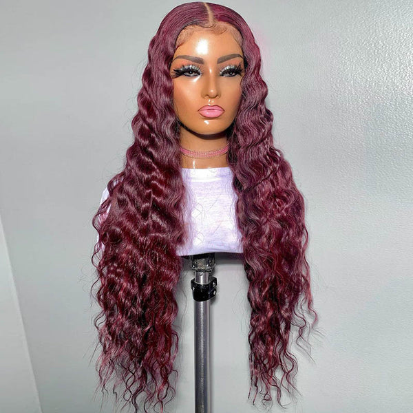 Beeos Deep Wave Burgundy 99J Colored Lace Front Human Hair Wigs BL048