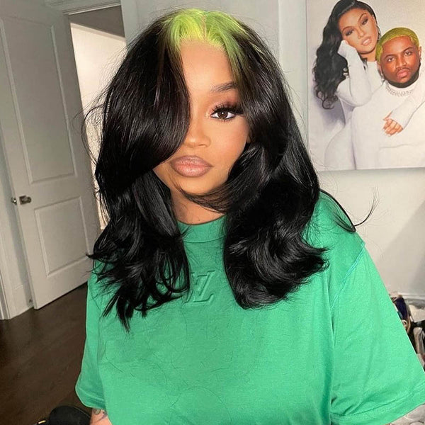 Beeos Green Roots On Black Ombre Color Body Wave Lace Front Wig BL141