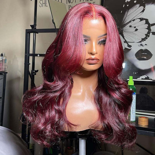 Beeos 99J Burgundy Color 13X4 Full Frontal Lace Wig Body Wave Sugar Plum Color BL010