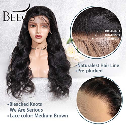 BEEOS Transparent Invisible Lace Wig, 13X6 Lace Front Body Wave Pre Plucked Bleached Knots Natural Hairline 150% Deinsity for Black Women AM04