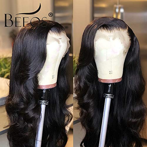 BEEOS Transparent Invisible Lace Wig, 13X6 Lace Front Body Wave Pre Plucked Bleached Knots Natural Hairline 150% Deinsity for Black Women AM04