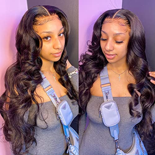 BEEOS Transparent Invisible Lace Wig, 13X6 Lace Front Body Wave Pre Plucked Bleached Knots Natural Hairline 150% Deinsity for Black Women AM04