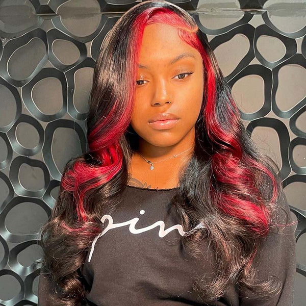 Beeos 13X4 SKINLIKE Real HD Lace Full Frontal Wig Black With Blonde Skunk Stripe Hair BL133