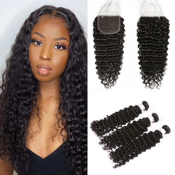 Beeos 5x5 SKINLIKE Real HD Lace Closure With 3Pcs Bundles Deal Deep Wave Glueless BU17