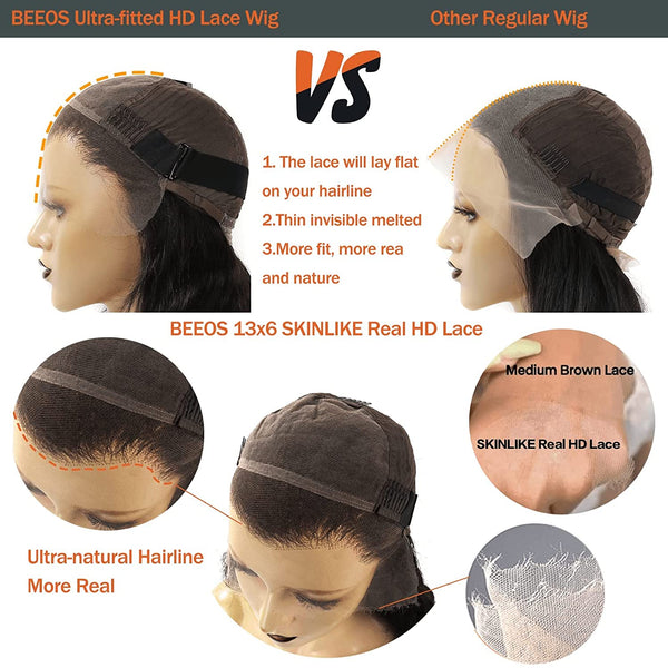 BEEOS 13x6 SKINLIKE Real HD Lace Front Wig, 0.10mm Ultra-thin Crystal HD Lace Ultra-fitted Glueless Wigs Pre Plucked Bleached Knots With Baby Hair AM23